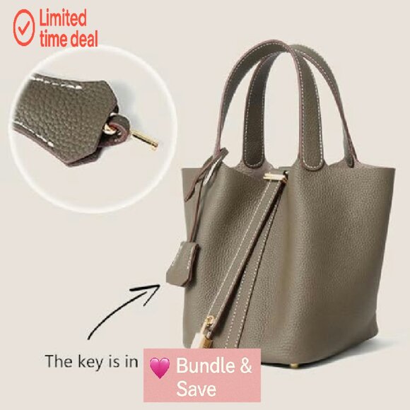 Genuine Leather Bucket Bag with Lock Design, Spacious Shoulder Satchel - Picture 7 of 8